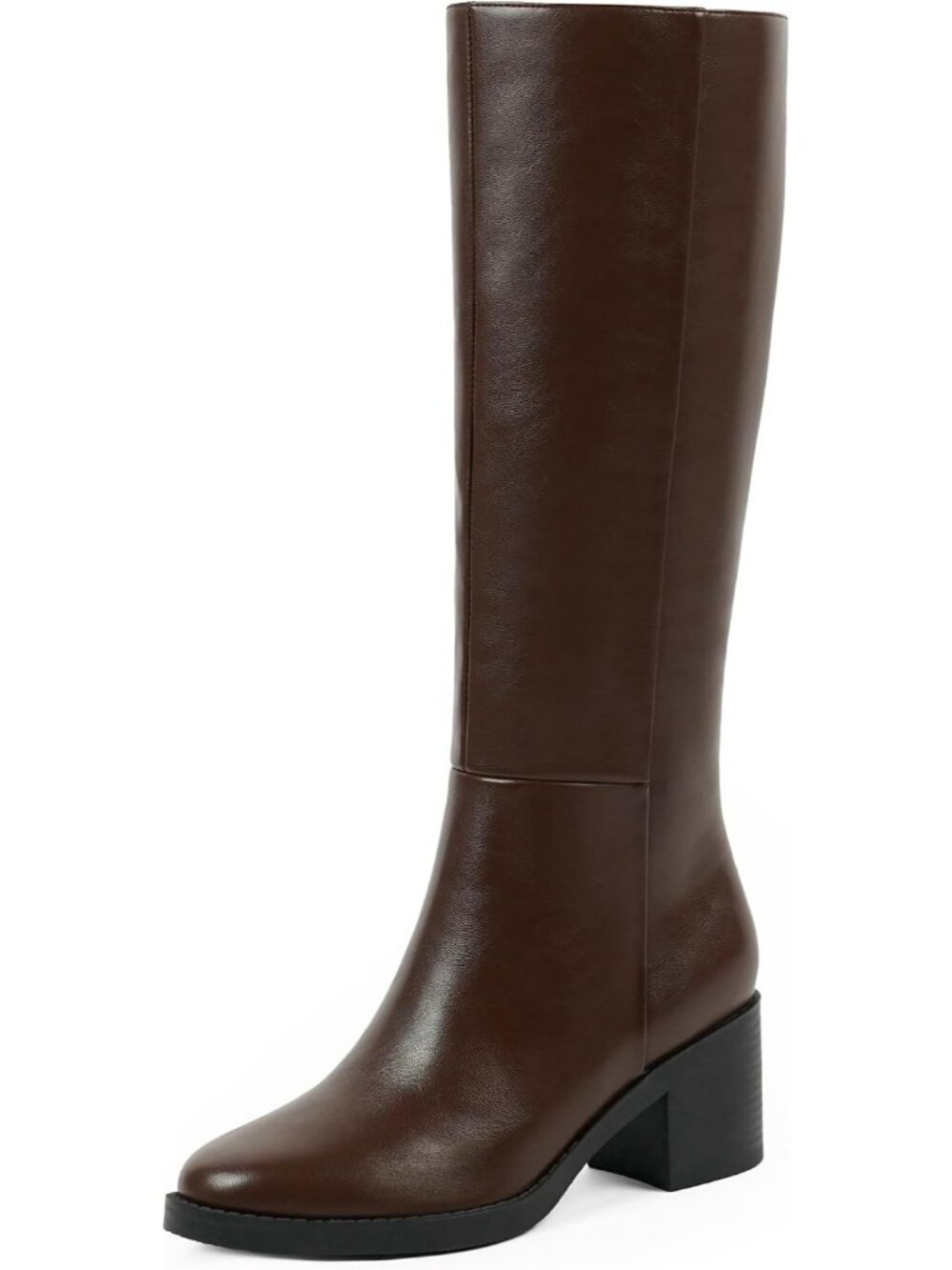 Women's Chocolate Knee High Boot Chunky Low Block Heel Round Toe Boots Anti Slip